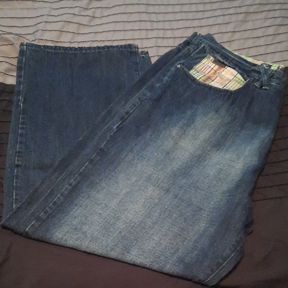 Lrg Men’s Bootcut Washed Blue Denim Jeans with Plaid Pocket Accent